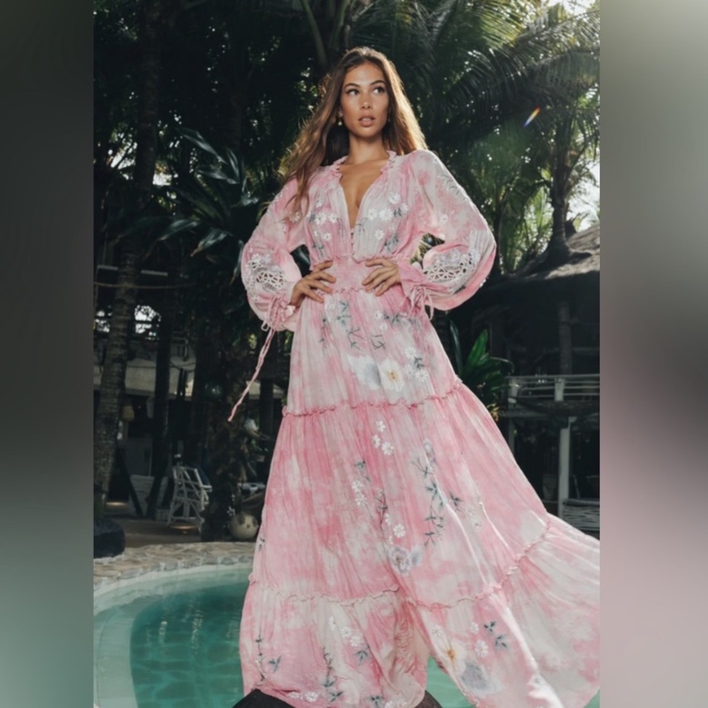 Fillyboo Daisy Island  Pink Floral Long Sleeve maxi Dress chic romantic feminine